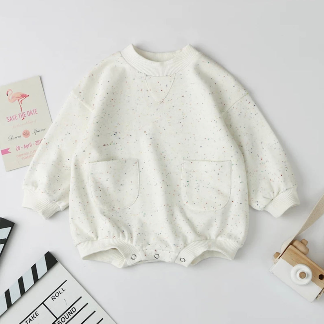 Speckled Pocket Baby Romper – Ivory